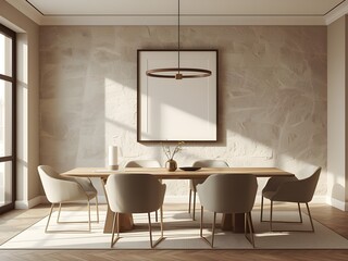luxury japandi dining room interior, empty frame mockup, stone wall, wooden table, brass lighting, minimalist cozy warm tones