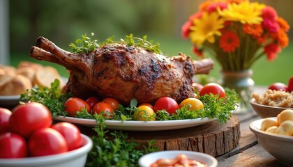 Roasted lamb leg with herbs served with tomatoes and bread. Festive outdoor garden meal with bright flowers. Family gathering for spring holiday celebration.