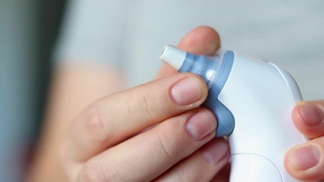 Close up of a female changing a plastic protective cup on a modern digital fever thermometer