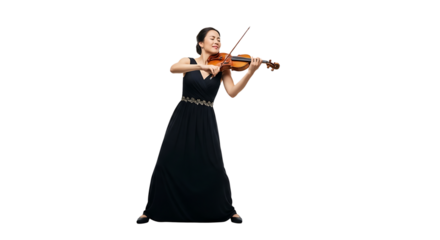 Elegant woman in a black dress gracefully playing the violin, , showcasing musical talent and artistic expression