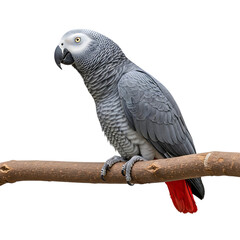 Obraz premium African Grey Parrot, with bright red tail feathers, cutout, PNG isolated on white or transparent background