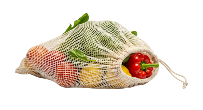 Reusable produce bag with colorful vegetables, a sustainable choice for ecofriendly shopping and reducing plastic waste