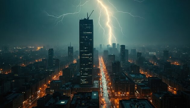 Aerial view shows bright lightning bolt striking tall city building at night. Severe thunderstorm engulfs urban skyline with dark, ominous clouds overhead. Electric energy flashes over modern