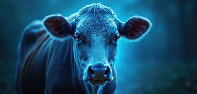 Blue neon cow head close up shows digital projection of farm animal. Future tech in animal husbandry and farming sector. Innovative agriculture management concept. - Powered by Adobe