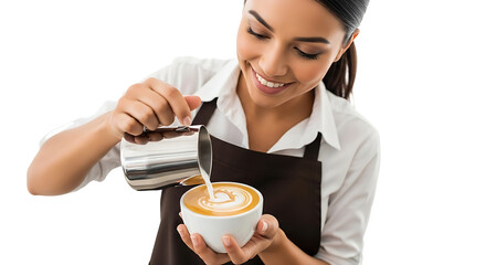 Happy barista pouring milk into a cup of coffee to create latte art, showcasing her talent and dedication to her craft