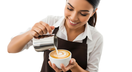 Happy barista pouring milk into a cup of coffee to create latte art, showcasing her talent and dedication to her craft