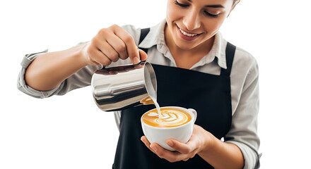 Smiling barista pouring milk into a cup of coffee to create latte art, showcasing her skill and passion for coffee