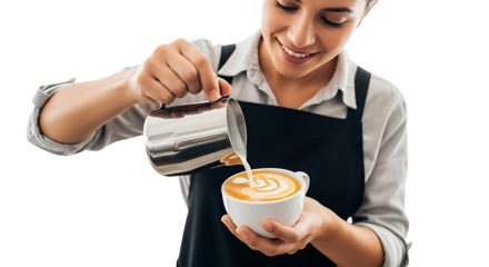 Smiling barista pouring milk into a cup of coffee to create latte art, showcasing her skill and passion for coffee