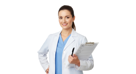 Beautiful female doctor in lab coat holding clipboard, smiling and looking at camera with hand on hip in studio
