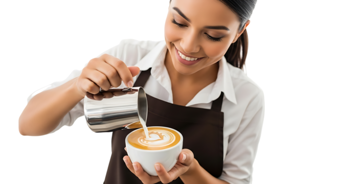 Happy barista pouring milk into a cup of coffee to create latte art, showcasing her talent and dedication to her craft