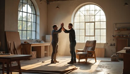 Two carpenters celebrate project completion with high five in workshop. Happy men finish crafting custom armchair in furniture studio. Colleagues enjoy success of small business making handmade decor.