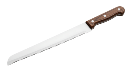 Bread knife with serrated blade and wooden handle, a kitchen utensil for slicing bread and other baked goods