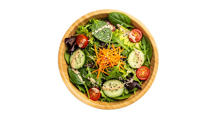 Fresh salad in wooden bowl, featuring a mix of greens, tomatoes, cucumbers, and carrots, a healthy and vibrant meal option