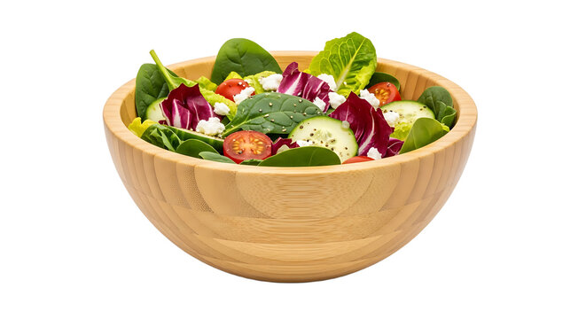 Fresh salad in a wooden bowl, featuring vibrant greens, tomatoes, cucumbers, and red cabbage for healthy eating