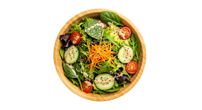 Fresh salad in wooden bowl, featuring a mix of greens, tomatoes, cucumbers, and carrots, a healthy and vibrant meal option