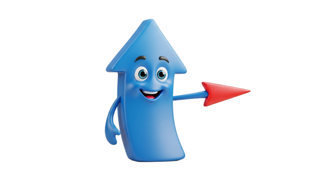 Cartoon blue arrow character pointing to the right, a fun and playful design element for direction and guidance