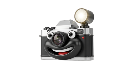 Vintage camera with a smiling face, blending nostalgia with a playful expression, capturing memories with a cheerful twist