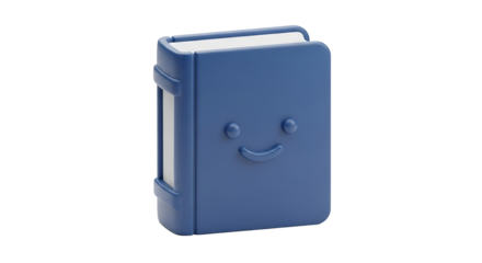 Blue book with a smiling face, representing knowledge, education, and the joy of reading and learning new things