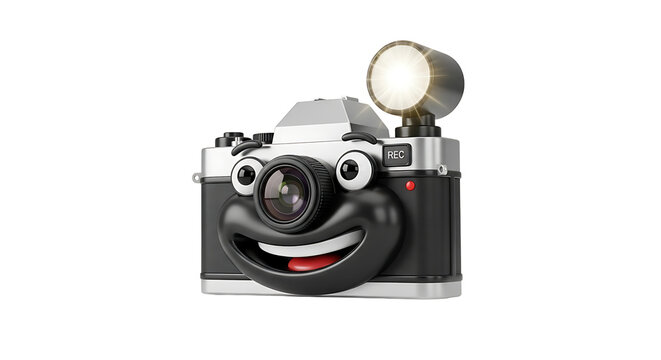 Vintage camera with a smiling face, blending nostalgia with a playful expression, capturing memories with a cheerful twist