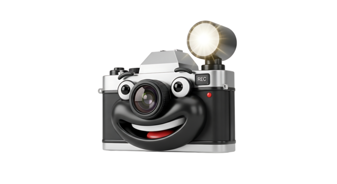 Vintage camera with a smiling face, blending nostalgia with a playful expression, capturing memories with a cheerful twist