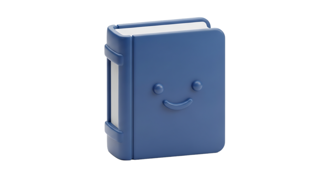 Blue book with a smiling face, representing knowledge, education, and the joy of reading and learning new things