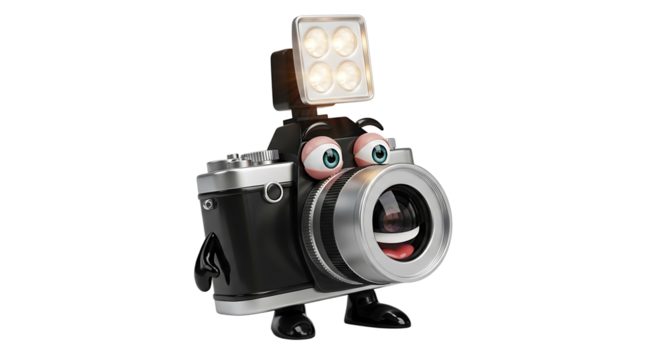 Cartoon camera character with a flash, representing photography, creativity, and the joy of capturing memories