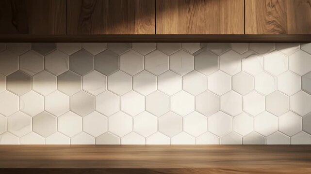 Hexagonal tiles form a stylish kitchen backsplash. Modern wooden cabinets complete this elegant interior design.