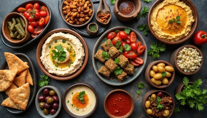 Assorted meze spread on rustic concrete table. Hummus, falafel, tomatoes, olives, pita bread and dip served for sharing. Middle Eastern food party.