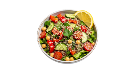 Healthy quinoa salad, featuring fresh vegetables, chickpeas, and a lemon wedge, offering a nutritious and vibrant meal option