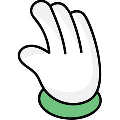 White cartoon hand with green cuff showing three fingers raised and palm facing forward against a transparent background clean outline art graphic