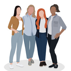 Fototapeta premium Diverse faceless women of different nationalities standing together and hugging on white background. Vector illustration symbolizing unity, equality, friendship, and female empowerment.