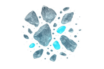 Ice chunks and transparent blue crystals floating, shattering, breaking apart, cool explosion on clear alpha background