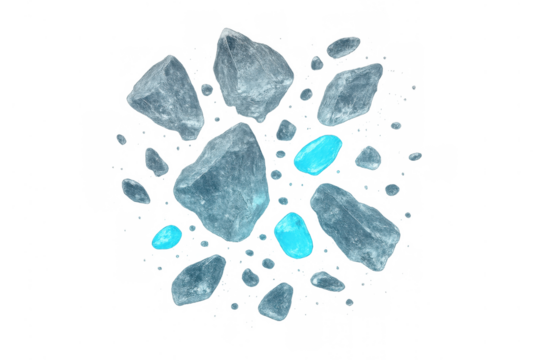 Ice chunks and transparent blue crystals floating, shattering, breaking apart, cool explosion on clear alpha background