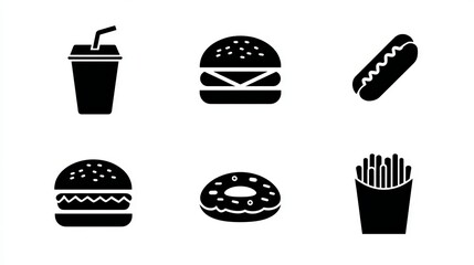 Delicious fast food icons including burgers, fries, hot dog, soda, and donut perfect for menus and branding projects