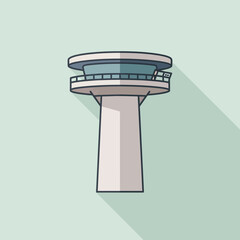 A stylized air traffic control tower stands tall with a long shadow.
