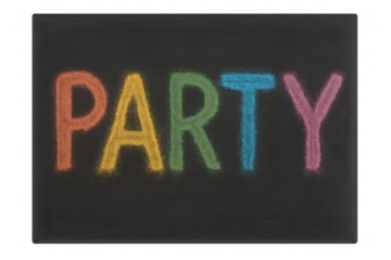 Black chalkboard with colorful chalk lettering spelling party, celebrating fun events and happy gatherings