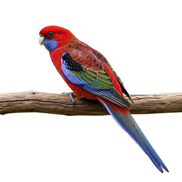 Crimson Rosella Parrot, with vibrant red, blue, and black plumage, cutout, PNG isolated on white or transparent background