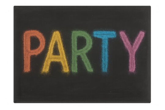 Black chalkboard with colorful chalk lettering spelling party, celebrating fun events and happy gatherings