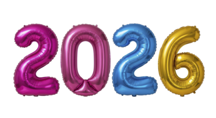  Vibrant metallic foil balloon numbers 2026 celebrating New Year on a transparent background PNG image