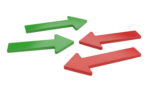Green and red arrows pointing in opposite directions, symbolizing conflict, opposition, and contrasting viewpoints