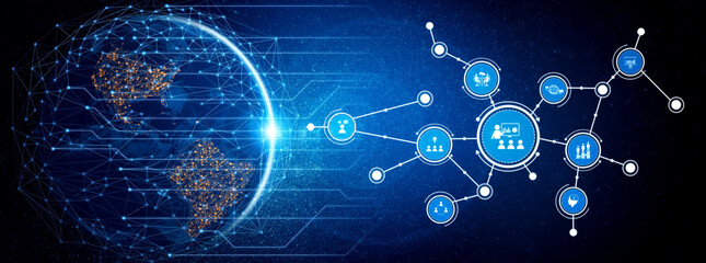Obraz premium A futuristic representation of a global digital network showcasing interconnected industries and technologies, illustrated on a vibrant blue background. Tessel
