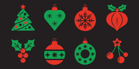 Retro Christmas Decoration Vector Icons – Traditional Red & Green Xmas Elements Collection