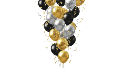 Festive gold silver balloons confetti transparent background PNG image PNG file holiday celebration decor