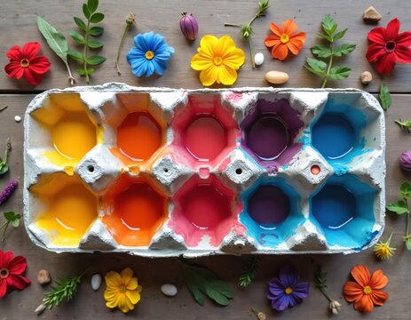 Children craft project uses egg carton for paints. Flowers and leaves arranged around paints in bright colors. Kids recycle material for art creation. - Powered by Adobe