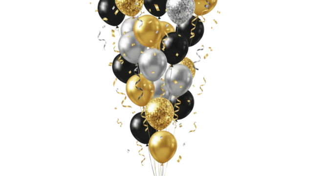  Festive gold silver balloons confetti transparent background PNG image PNG file holiday celebration decor - Powered by Adobe