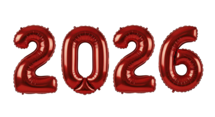 2026 Red Foil Balloon Numbers PNG Image on Transparent Background