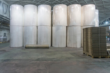 Jumbo rolls in a paper factory workshop.