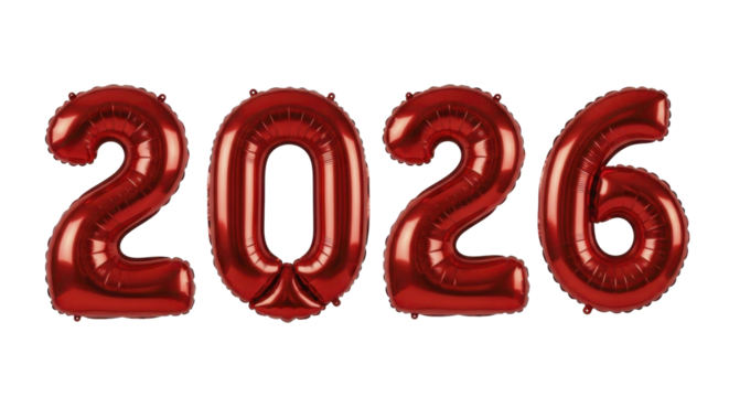  2026 Red Foil Balloon Numbers PNG Image on Transparent Background - Powered by Adobe