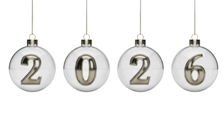  New Year 2026 metallic numbers inside clear glass ornaments suspended on a transparent background PNG image