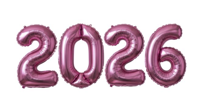  Pink Metallic Foil Balloons Forming Year 2026 on a Transparent Background PNG Image